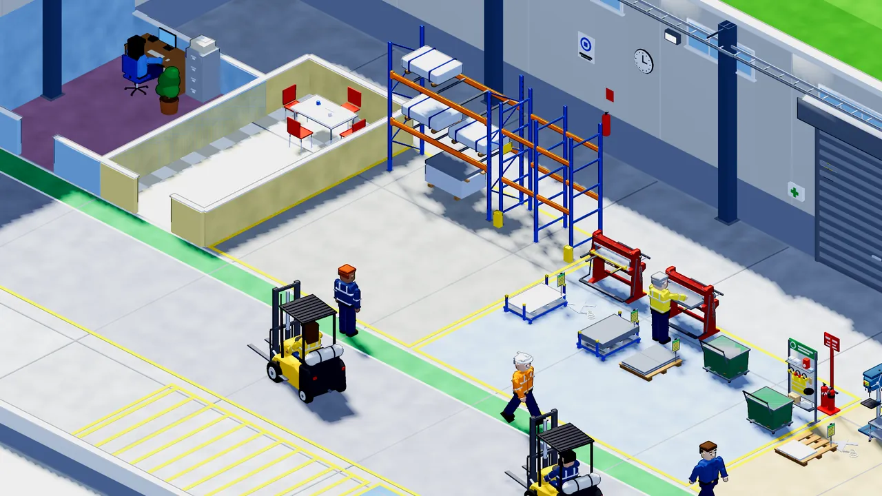 The factory's office, smoko room, pallet racking and folders